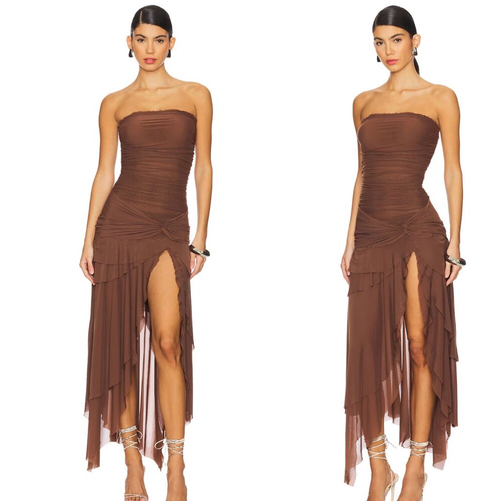 NEW GUIZIO X Revolve Lyla Twist Maxi Midi Dress in Brown Sheer Strapless XS